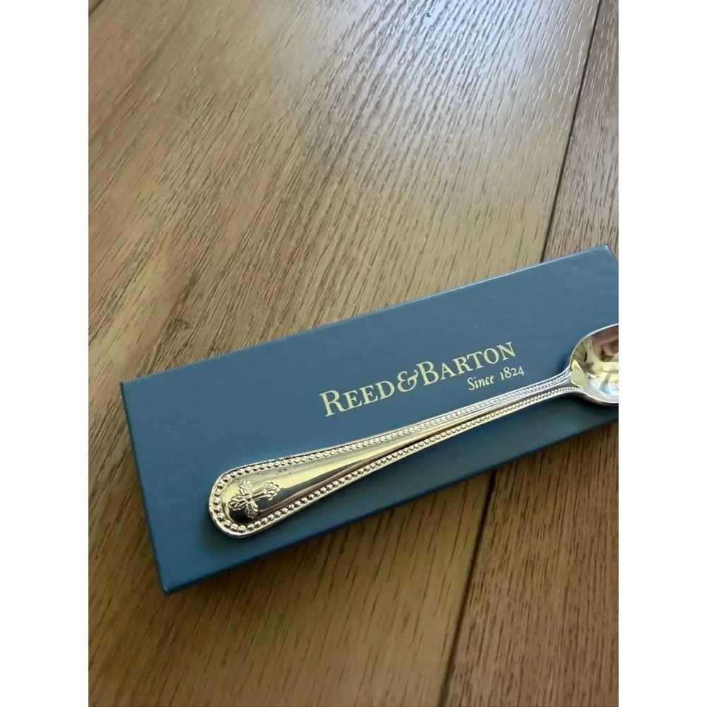Reed‎ & Barton Abbey Silverplate Infant Feeding Spoon Cross Beaded 4713 Boxed
